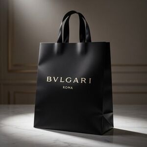 Bvlgari Roma Black Gold Logo Print Satin Fabric Gift Shopping Bag 10.5x4.5x13 G+